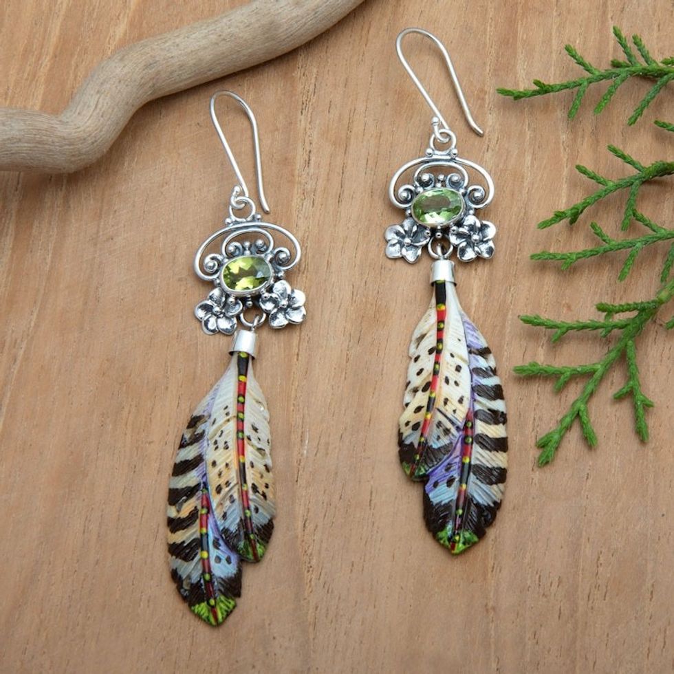 Painted Sterling Silver Dangle Earrings with Peridot Gems 'Plumage of Fortune'