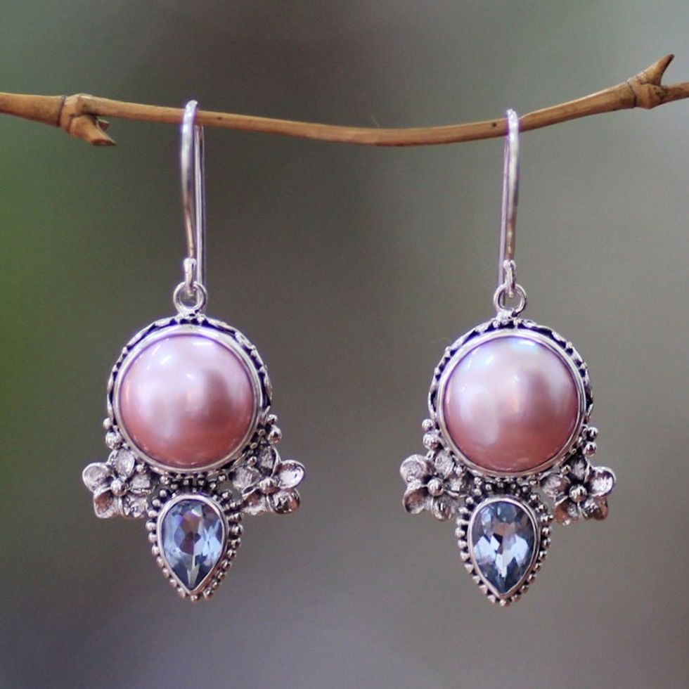 Hand Made Pearl and Blue Topaz Dangle Earrings 'Love Moon'