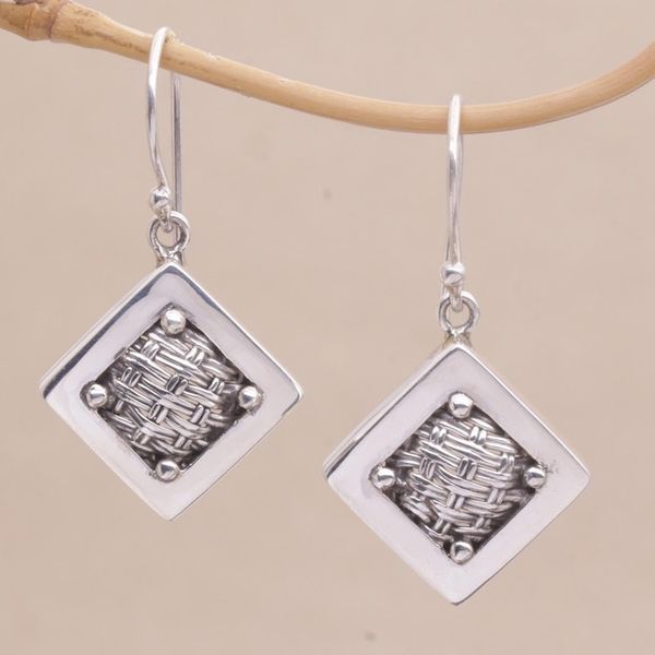 Alternate image for Woven Sterling Silver Diamond Shaped Dangle Earrings Weaving Ketupats