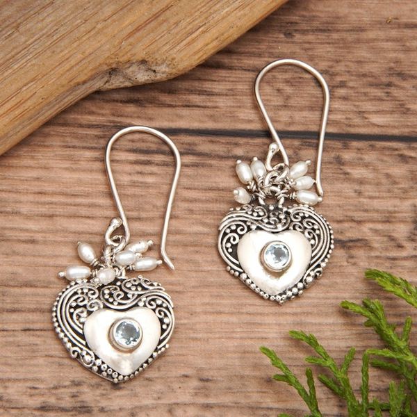 Alternate image for Heart-Shaped Blue Topaz and Cultured Pearl Dangle Earrings A Loyal Romance