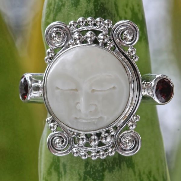 Alternate image for Garnet and Carved Bone Silver Ring Moon Dream