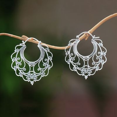 Alternate image for Sterling Silver Hoop Earrings Handcrafted in Bali Graceful Glamour