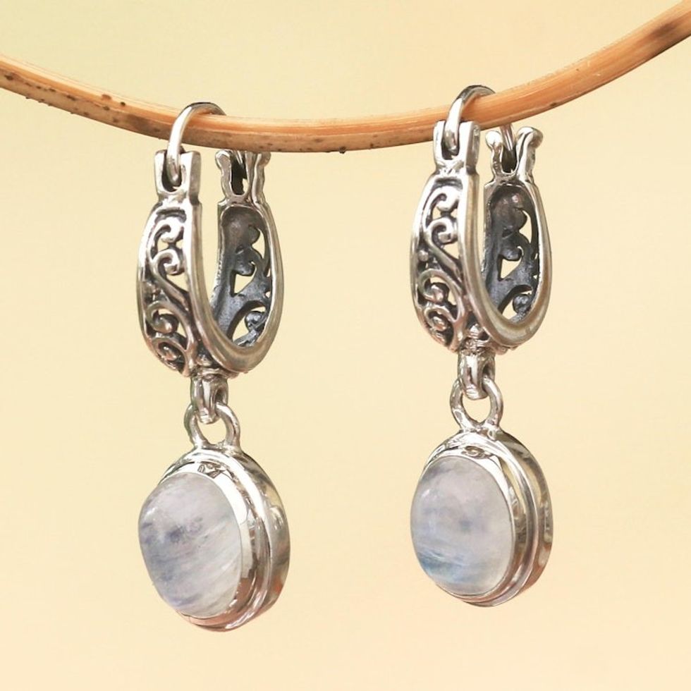 Sterling Silver and Rainbow Moonstone Dangle Earrings 'Moon Orbs'