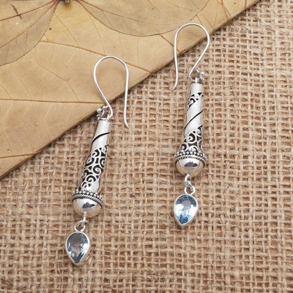 Handmade Sterling Silver and Blue Topaz Dangle Earrings 'Blue Lantern'