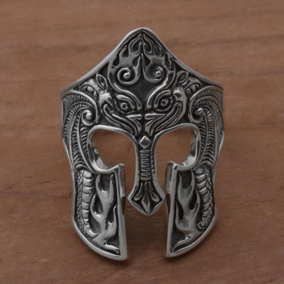 Sterling Silver Men's Dragon Balinese Warrior Ring 'Brawijaya Mask'