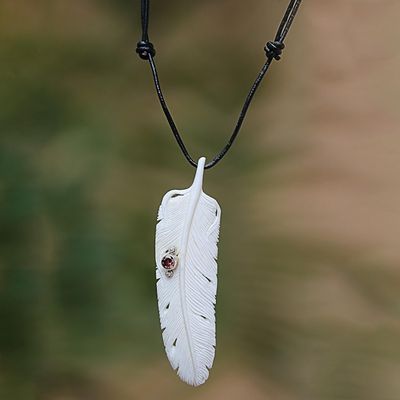Alternate image for Garnet Leather and Carved Bone Feather Pendant Necklace Feather Soul