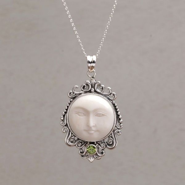 Alternate image for Peridot and Bone Moon Pendant Necklace from Bali Moonlight Stare