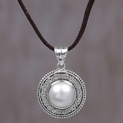Alternate image for Cultured Mabe Pearl and Leather Cord Pendant Necklace White Orb