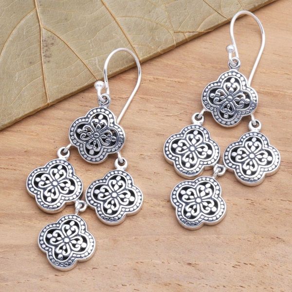 Alternate image for Sterling Silver Chandelier Earrings from Bali Four-Petaled Flowers