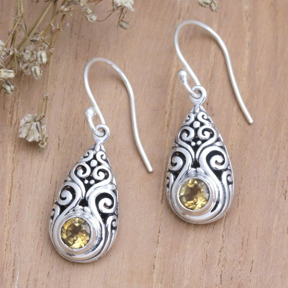 Balinese Sterling Silver Dangle Earrings with Citrine Stones 'Tears of Jubilation'