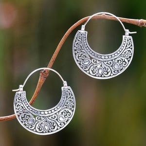 Image for Ornately Detailed Sterling Silver 925 Hoop Earrings 'Garden of Eden'