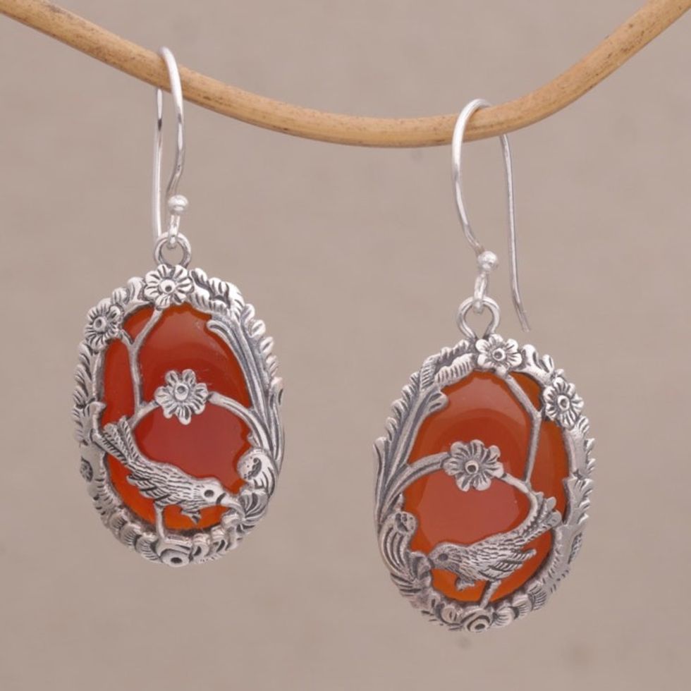 Carnelian and 925 Silver Bird Dangle Earrings from Bali 'Avian Curiosity'