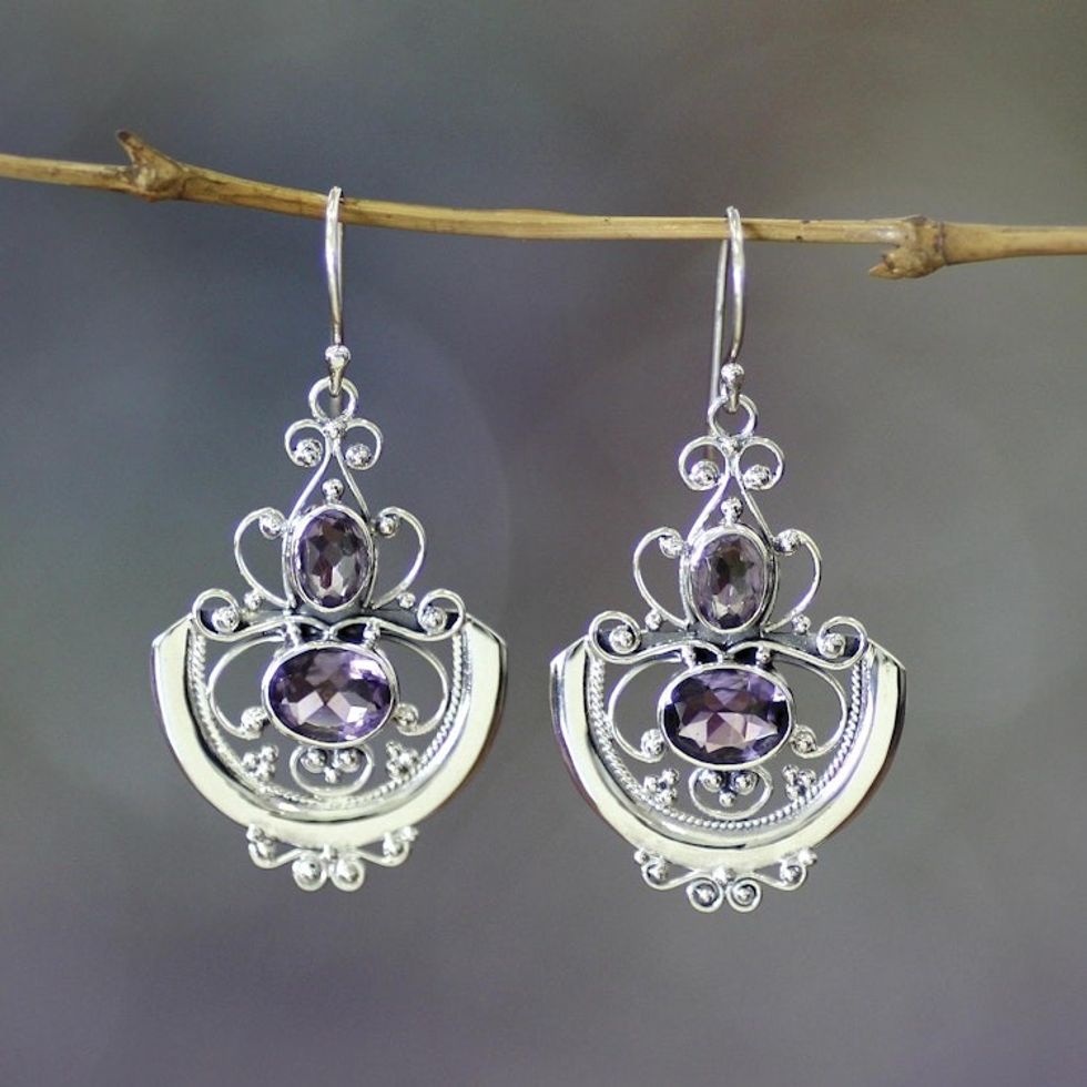 Sterling Silver and Amethyst Dangle Earrings 'Balinese Goddess'