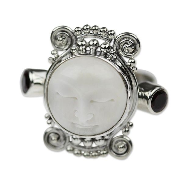 Alternate image for Garnet and Carved Bone Silver Ring Moon Dream