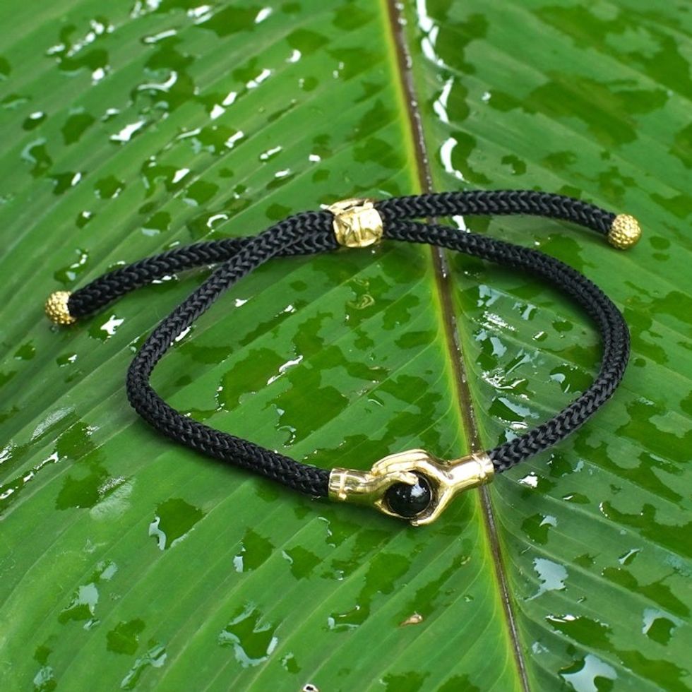 Brass and Black Obsidian Cord Unity Bracelet from Bali 'Golden Handshake'