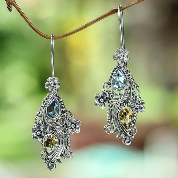 Alternate image for Balinese Citrine and Blue Topaz Earrings Plumeria Dew