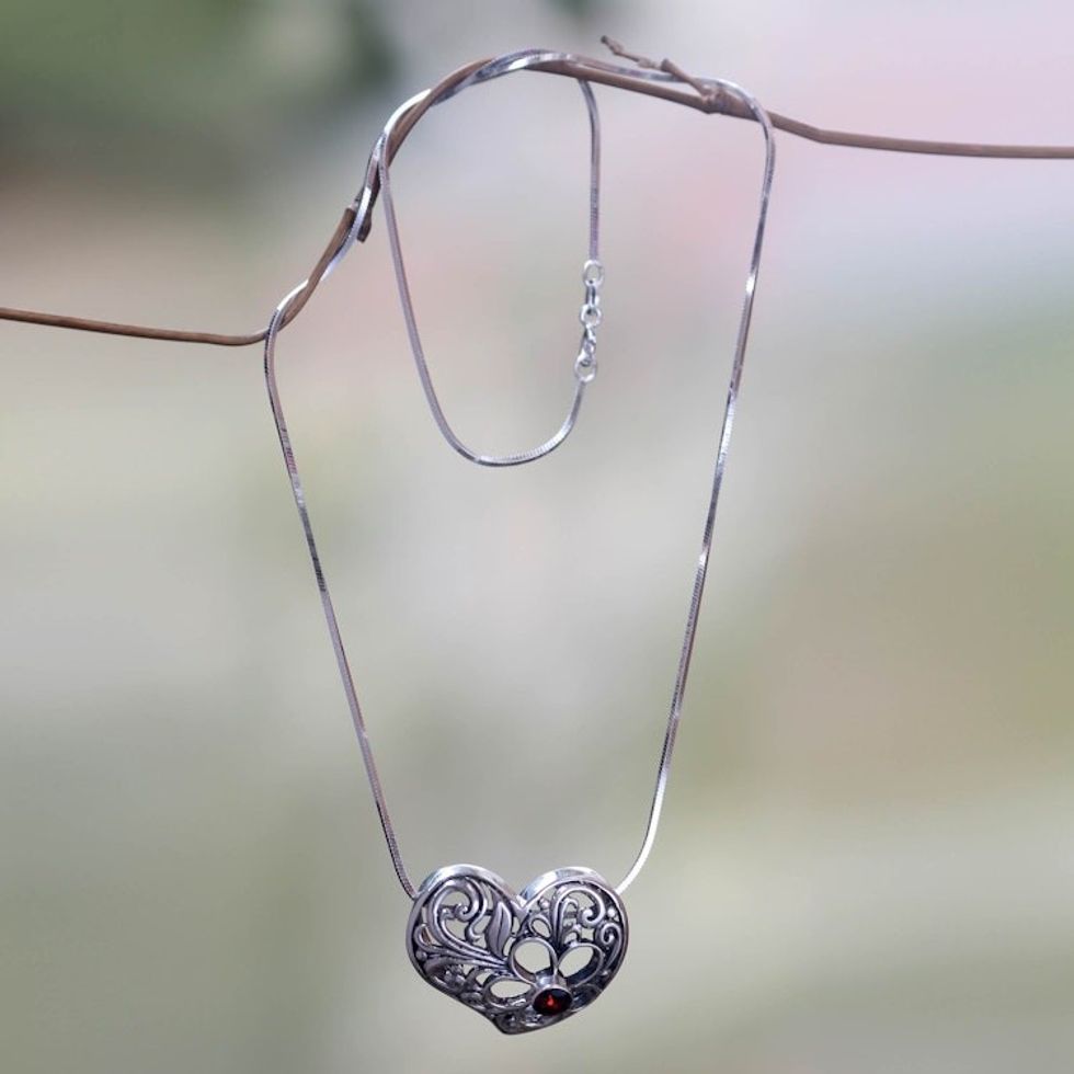 Sterling Silver Heart Pendant Necklace with Garnet 'Blooming Heart'