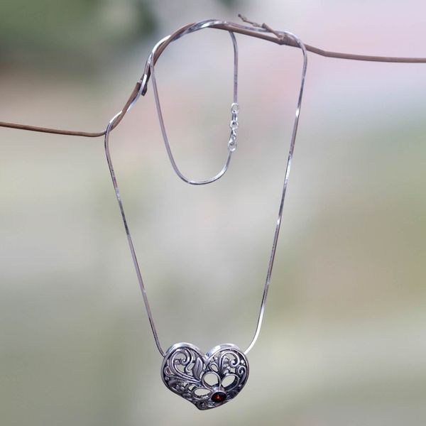 Alternate image for Sterling Silver Heart Pendant Necklace with Garnet Blooming Heart