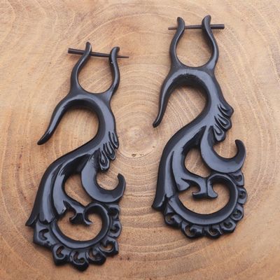 Alternate image for Hand Carved Dark Brown Water Buffalo Horn Hoop Earrings Intricacy Unfurled