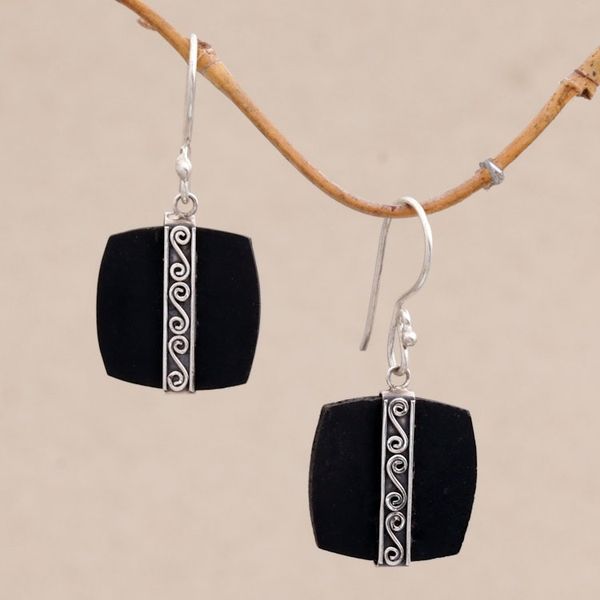 Alternate image for Sterling Silver and Lava Stone Spiral Motif Dangle Earrings Temple Bands