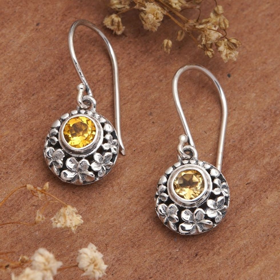 Classic Floral Dangle Earrings with Faceted Citrine Gems 'Sunny Frangipani'