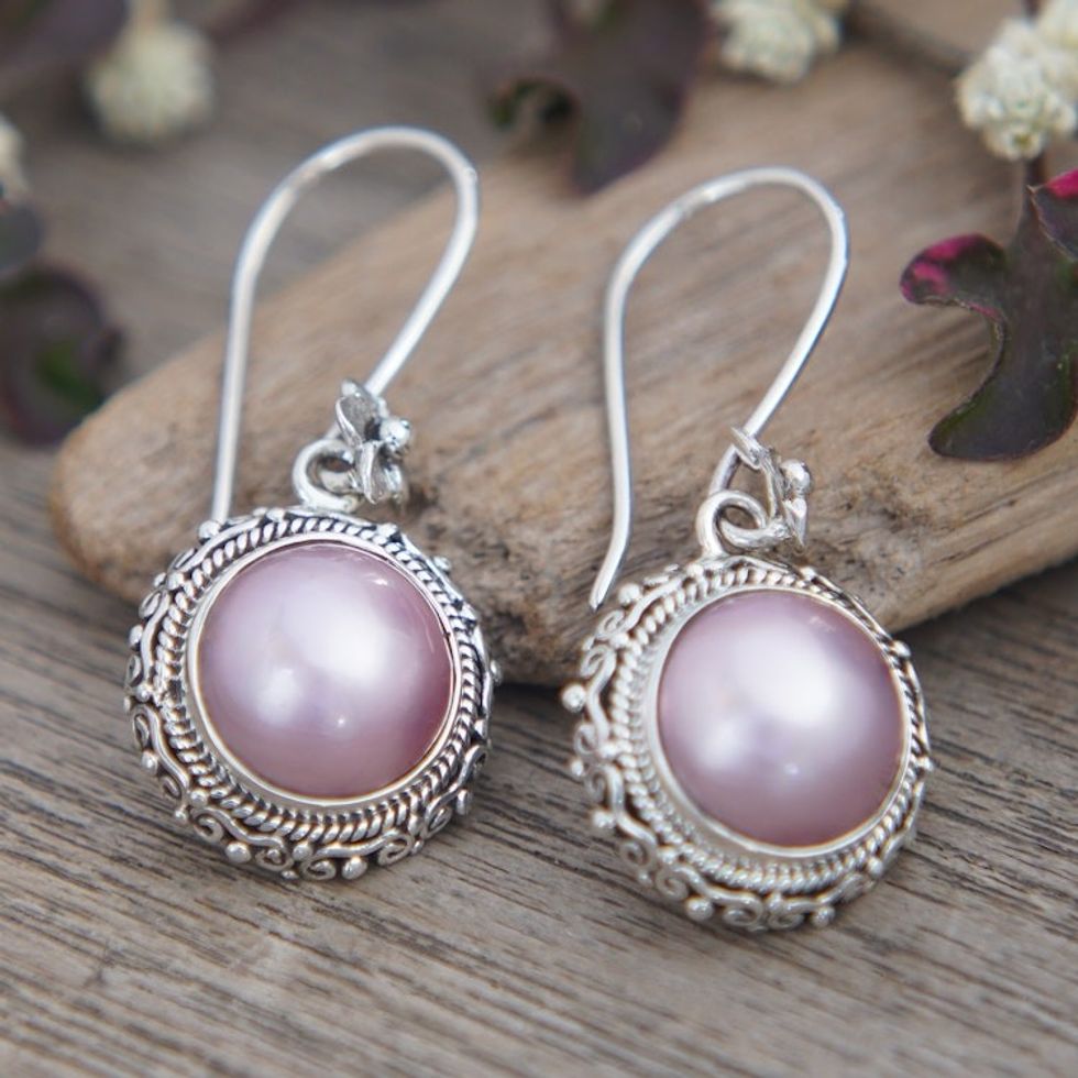 925 Silver Dangle Earrings with Pink Cultured Mabe Pearls 'Moon Shade'