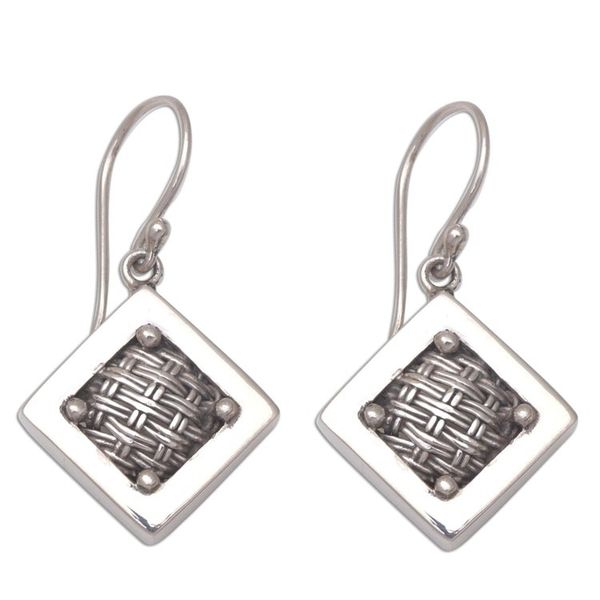 Alternate image for Woven Sterling Silver Diamond Shaped Dangle Earrings Weaving Ketupats