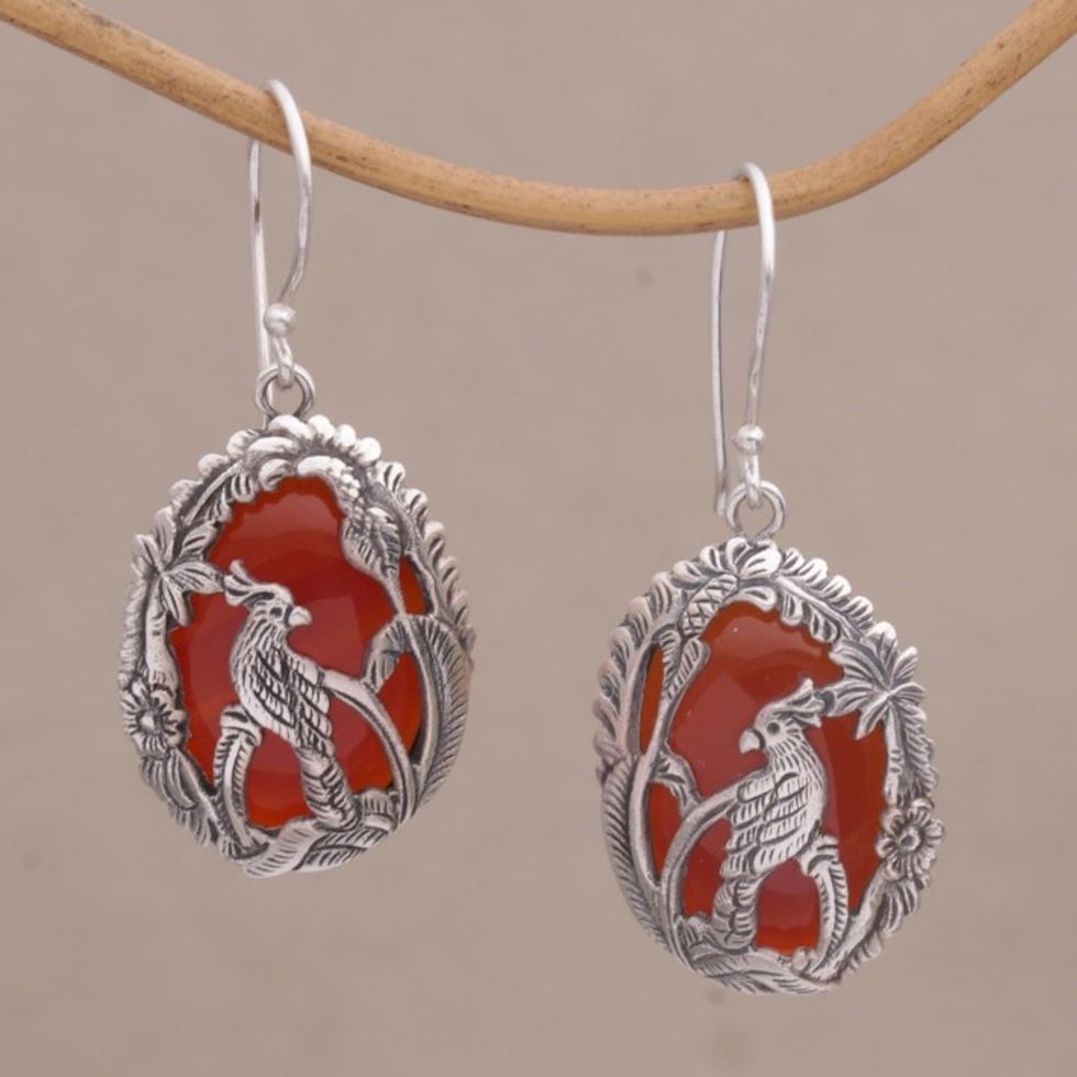 Carnelian and 925 Silver Cockatoo Dangle Earrings from Bali 'Cockatoo Garden'