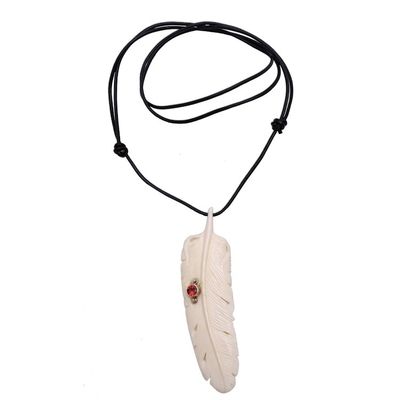 Alternate image for Garnet Leather and Carved Bone Feather Pendant Necklace Feather Soul