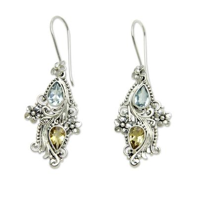 Alternate image for Balinese Citrine and Blue Topaz Earrings Plumeria Dew