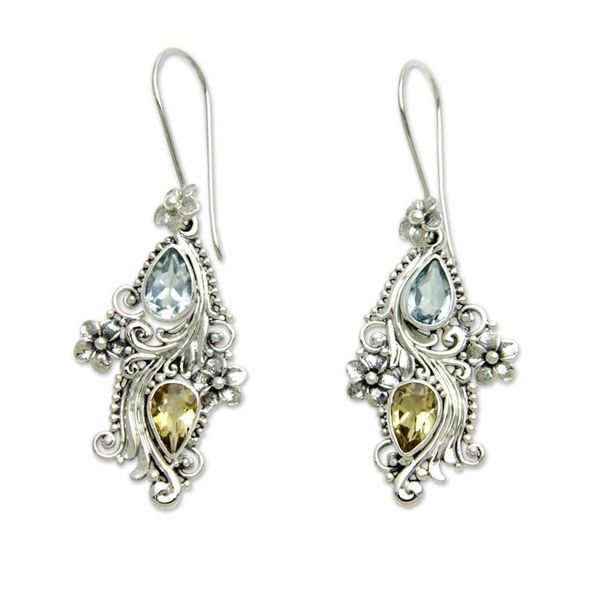 Alternate image for Balinese Citrine and Blue Topaz Earrings Plumeria Dew