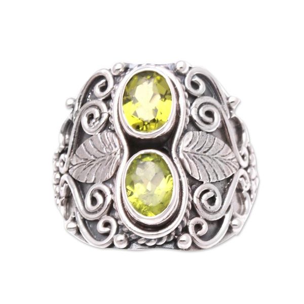 Alternate image for Leaf Motif Peridot Cocktail Ring Crafted in Bali Verdant Eyes