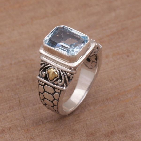 Alternate image for Handmade Blue Topaz Single Stone Ring with Gold Accents Blue Extravaganza