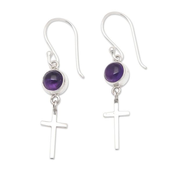 Alternate image for Polished Cross-Themed Amethyst Dangle Earrings from Bali Heavenly Purple