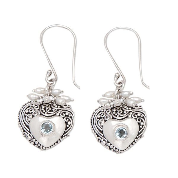 Alternate image for Heart-Shaped Blue Topaz and Cultured Pearl Dangle Earrings A Loyal Romance