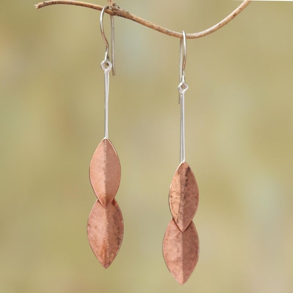 Rose Gold Accent Sterling Silver Leaf Dangle Earrings 'Feminine Leaves'