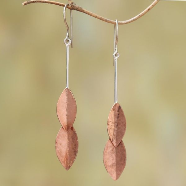 Alternate image for Rose Gold Accent Sterling Silver Leaf Dangle Earrings Feminine Leaves