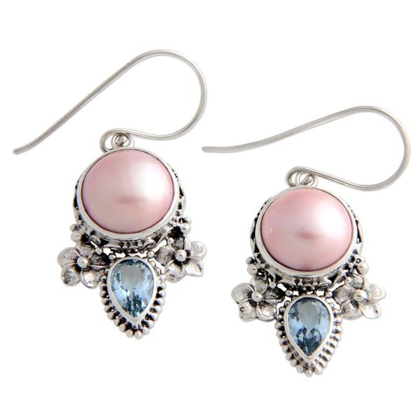 Alternate image for Hand Made Pearl and Blue Topaz Dangle Earrings Love Moon
