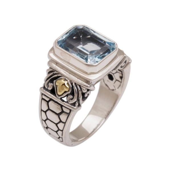 Alternate image for Handmade Blue Topaz Single Stone Ring with Gold Accents Blue Extravaganza