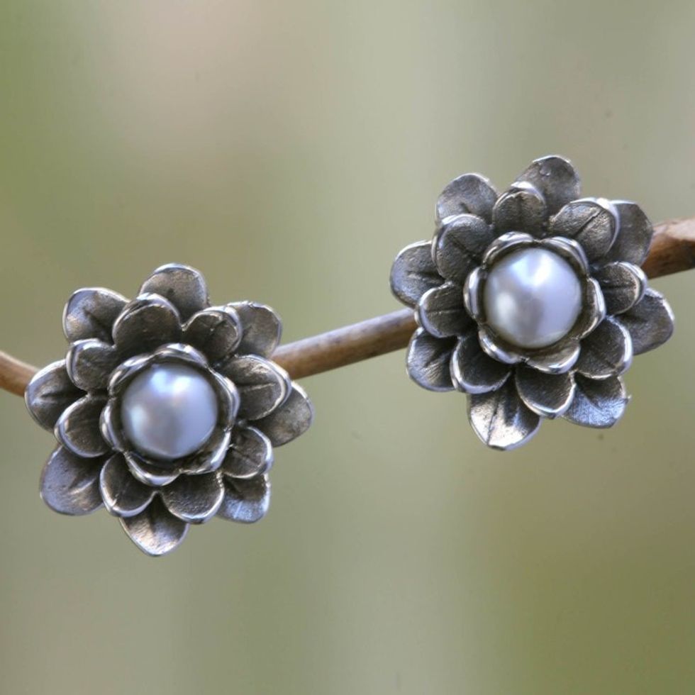 Floral Pearl and Sterling Silver Button Earrings 'White-Eyed Lotus'