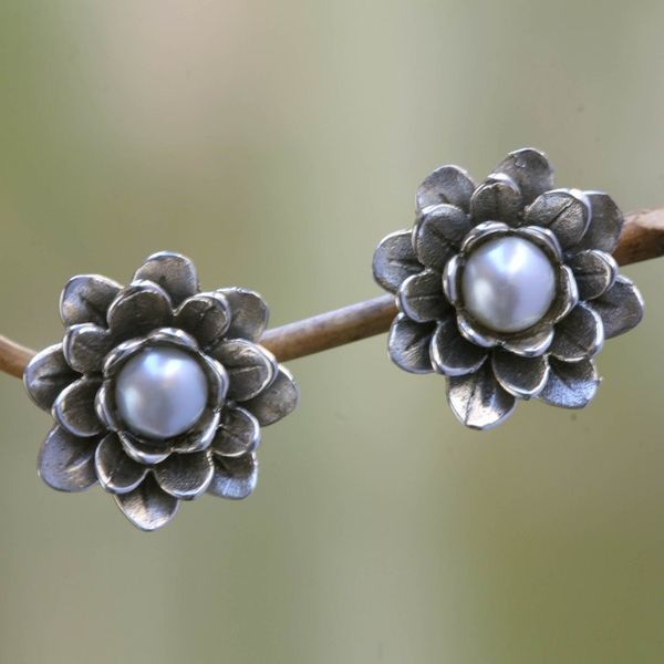 Alternate image for Floral Pearl and Sterling Silver Button Earrings White-Eyed Lotus