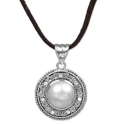 Alternate image for Cultured Mabe Pearl and Leather Cord Pendant Necklace White Orb
