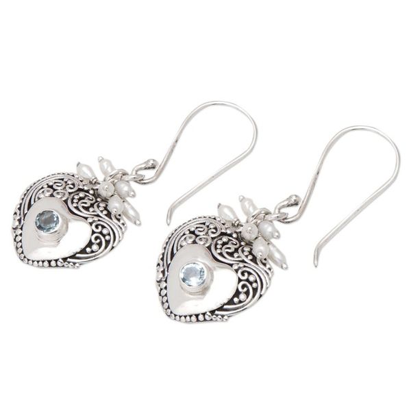Alternate image for Heart-Shaped Blue Topaz and Cultured Pearl Dangle Earrings A Loyal Romance