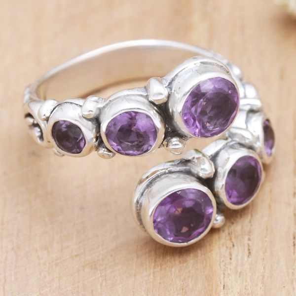Alternate image for Sterling Silver Wrap Ring with Amethyst Gemstones from Bali Purple Gravel