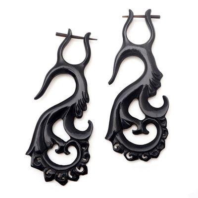 Alternate image for Hand Carved Dark Brown Water Buffalo Horn Hoop Earrings Intricacy Unfurled