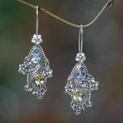 Alternate image for Balinese Citrine and Blue Topaz Earrings Plumeria Dew