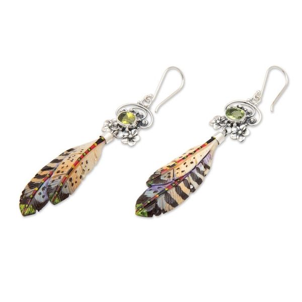 Alternate image for Painted Sterling Silver Dangle Earrings with Peridot Gems Plumage of Fortune