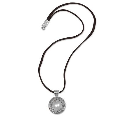Alternate image for Cultured Mabe Pearl and Leather Cord Pendant Necklace White Orb