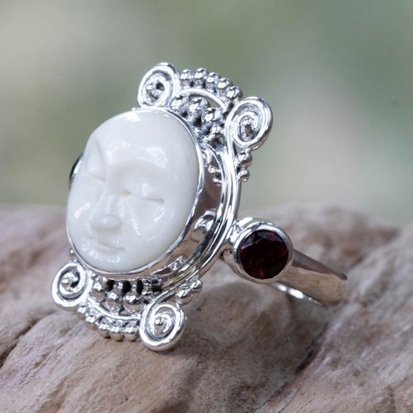 Alternate image for Garnet and Carved Bone Silver Ring Moon Dream
