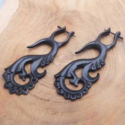 Alternate image for Hand Carved Dark Brown Water Buffalo Horn Hoop Earrings Intricacy Unfurled